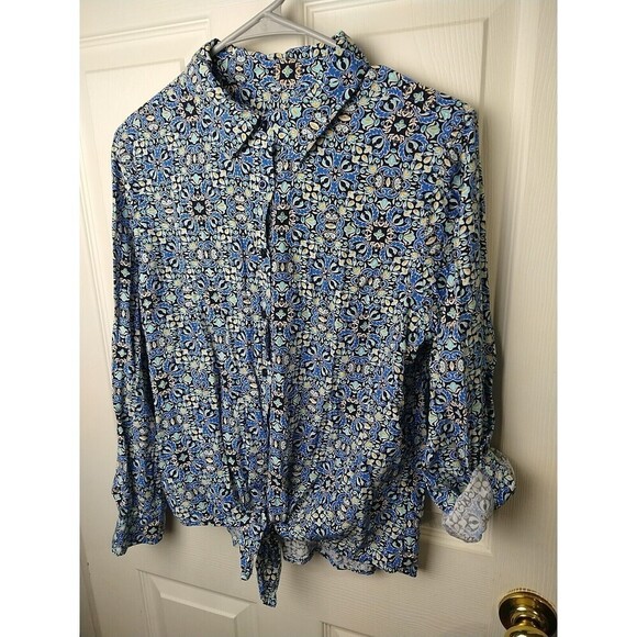 Talbots Blue Artsy Tie Collared Button Front Roll Tab Sleeve Blouse. Size MP - Picture 2 of 10
